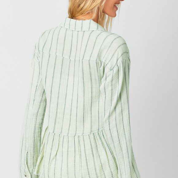 MYSTREE Mint Green Striped Button-Up Top, Textured Peplum Blouse, Long Sleeve - Picture 3 of 4